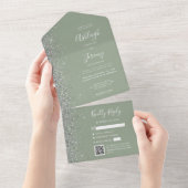 Sagegrün Silber Glitter QR Code Hochzeit All In One Einladung (Abreißen)