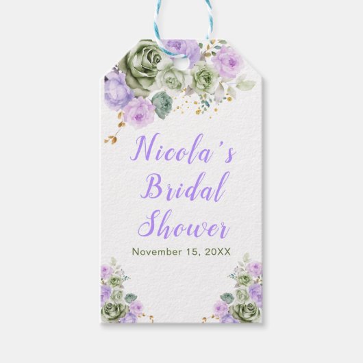 Sagegrün und lila Blumige Hochzeitsdusche Geschenkanhänger (Vorderseite)