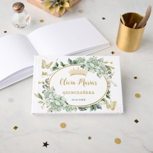 Sagegrüne Blumen Schmetterlinge Gold Quinceanera 1 Gästebuch