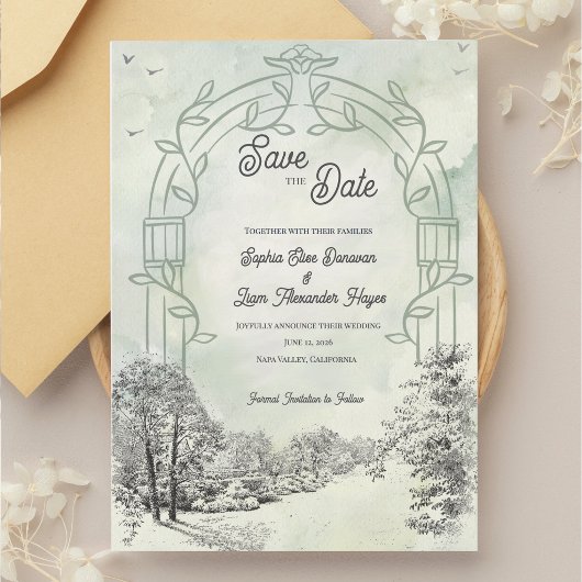 Sagegrüne Gartenbogenhochzeit Save The Date
