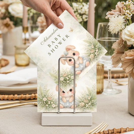 Sagegrüne Hasen-Blumen-Baby-Party Serviette