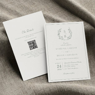 Sagegrüne Monogramm-Girlande QR-Code Hochzeit Einladung