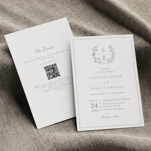 Sagegrüne Monogramm-Girlande QR-Code Hochzeit Einladung