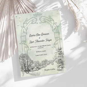 Sagegrüner Gartenbogen Elegante ländliche Hochzeit Einladung