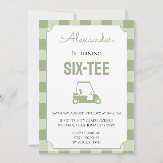 Sagegrüner Gingham-Golf 60. Geburtstag Einladung (Vorderseite)