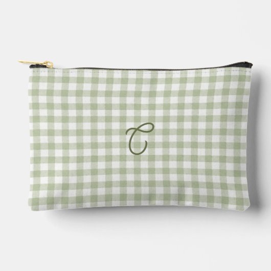 Sagegrüner Gingham-Monogramm-Make-up-Beutel Zubehörtasche (Vorderseite)