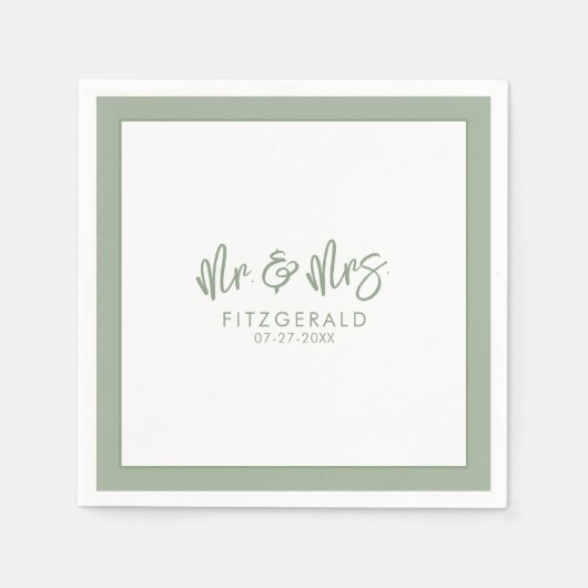 Sagegrüner Mr & Mrs Hochzeitsempfang Cocktail Serviette (Vorderseite)