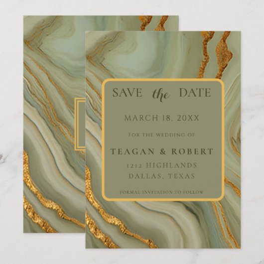 Sagegrüner Onyxstein mit goldener Aderung Save The Date (Vorne/Hinten)