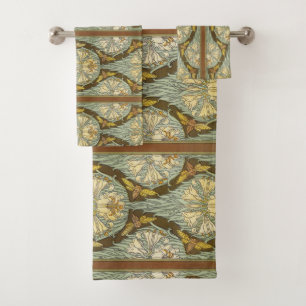Sagegrünes Art Nouveau-Lilien-Insektenmuster Badhandtuch Set