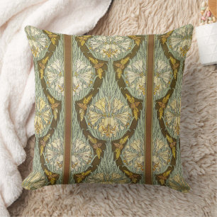 Sagegrünes Art Nouveau-Lilien-Insektenmuster Kissen