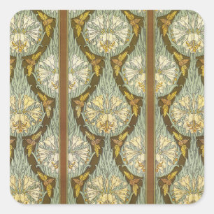 Sagegrünes Art Nouveau-Lilien-Insektenmuster Quadratischer Aufkleber