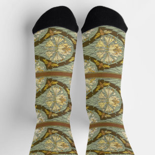 Sagegrünes Art Nouveau-Lilien-Insektenmuster Socken