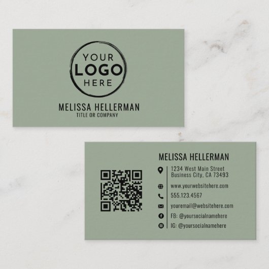 Sagegrünes professionelles Logo QR-Code Visitenkarte (Vorne/Hinten)