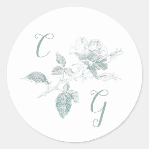 Sagegrünes Rosenlinienkunst-Monogramm-Hochzeit Runder Aufkleber