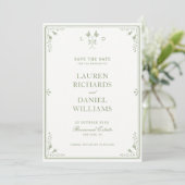 Sagegrünes Vintage-Garten-Monogramm-Hochzeit Save The Date (Stehend Vorderseite)