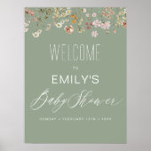 Sagegrünes Wildblumen-Babyshower-Willkommensschild Poster (Vorne)