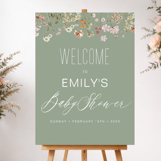 Sagegrünes Wildblumen-Babyshower-Willkommensschild Poster