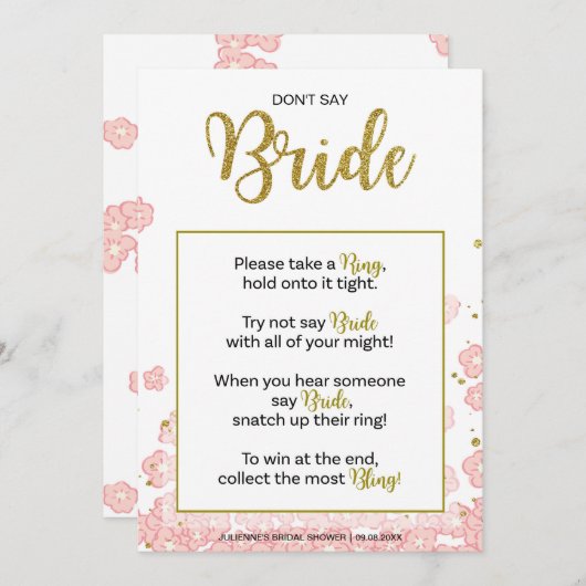 Sagen Sie nicht Bride Brautparty Ring Game| Rosa G Einladung (Vorne/Hinten)
