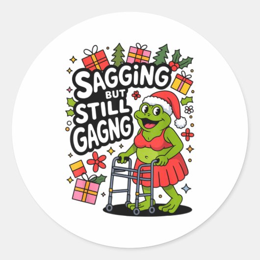 Sagging But Still Gagging Funny Christmas Frog Hol Runder Aufkleber (Vorderseite)