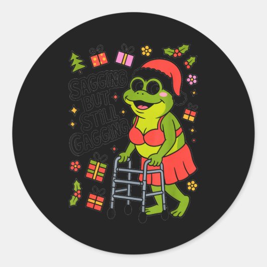 Sagging But Still Gagging Funny Christmas Frog Hol Runder Aufkleber (Vorderseite)