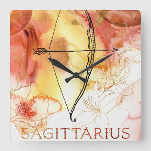 Sagittarius archer orange gold planets zodiac quadratische wanduhr