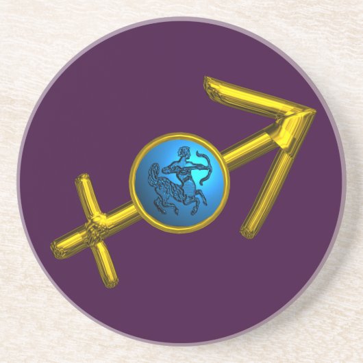 SAGITTARIUS, GOLD BLAUE ZODIAC GEBURTSTAGSIGN UNTERSETZER (Vorne)