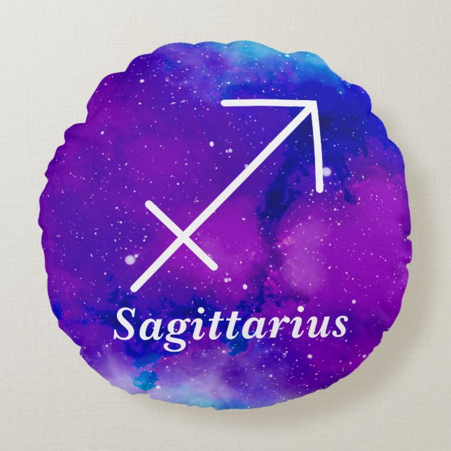 Sagittarius Symbol Lila Blue Space Nebula Rundes Kissen (Vorderseite)