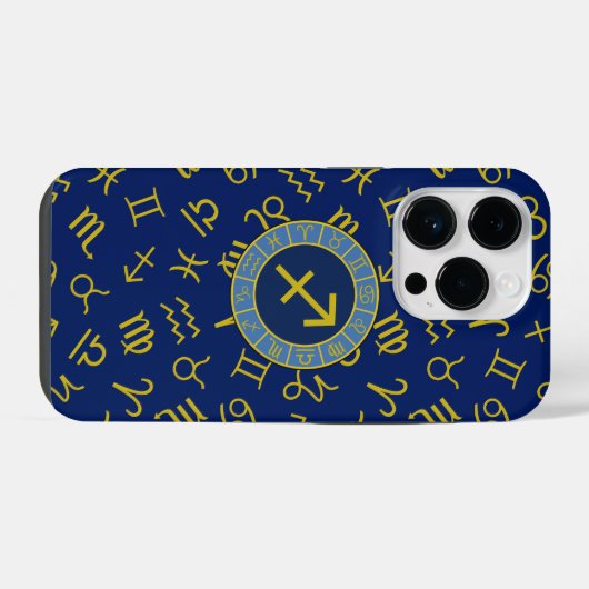 Sagittarius Zodiac+Astrologie Symbole Ptn Gld+Blue iPhone Hülle (Rückseite (Horizontal))