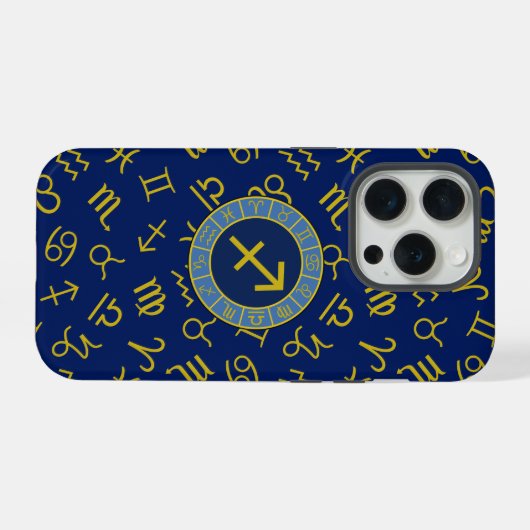 Sagittarius Zodiac+Astrologie Symbole Ptn Gld+Blue iPhone Hülle (Rückseite (Horizontal))