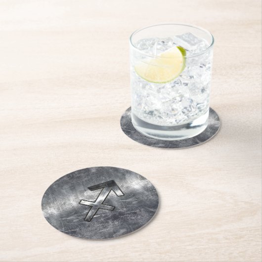 Sagittarius Zodiac Sign in Silver Steel look Runder Pappuntersetzer (Vor Ort)