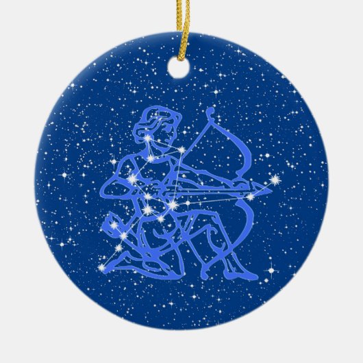 Sagittarius Zodiac Sign with Stars on Deep Blue Keramik Ornament (Vorne)