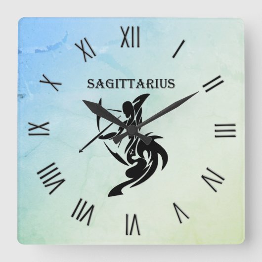Sagittarius Zodiac Symbol Blaue grüne Zahlen Quadratische Wanduhr (Vorderseite)