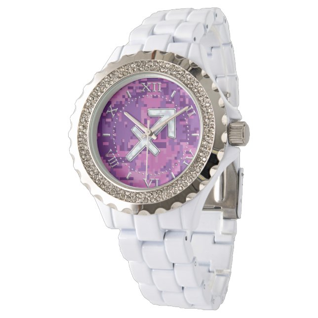 Sagittarius Zodiac Symbol Pink Camouflage Dial Armbanduhr (Schrägansicht)