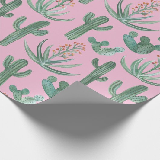 Saguaro Cactus and Desert Aloe Pflanze auf PINK Geschenkpapier (Ecke)
