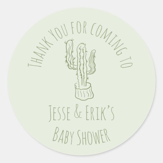 Saguaro Cactus Hand Drawn Green Baby Shower Runder Aufkleber (Vorderseite)
