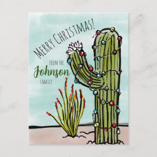 Saguaro Cactus mit Weihnachtsbeleuchtung Postkarte