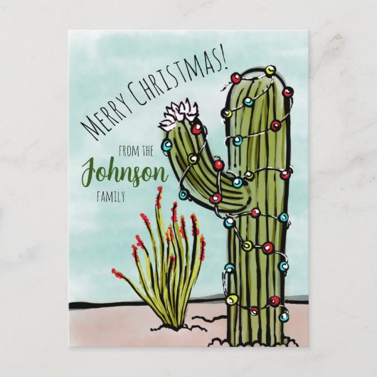 Saguaro Cactus mit Weihnachtsbeleuchtung Postkarte (Vorderseite)