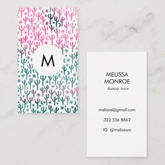 Saguaro Cactus Moon Stars Pattern Pink INITIALS Visitenkarte (Vorne/Hinten)