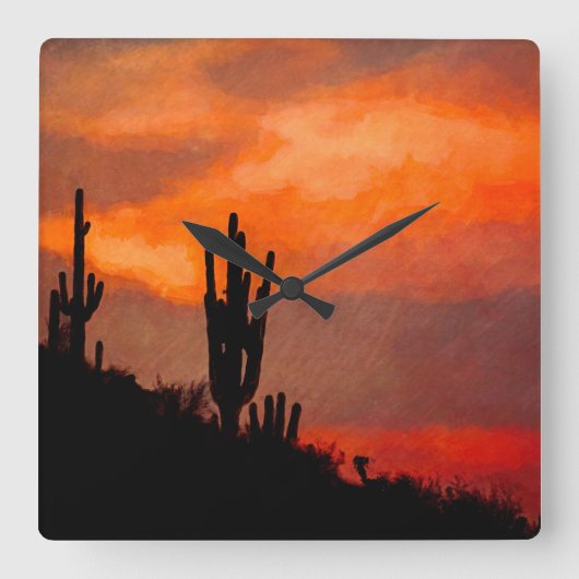 Saguaro Cactus Silhouette Arizona Red Sunset Quadratische Wanduhr (Vorderseite)