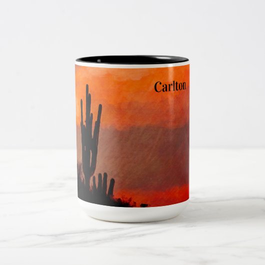 Saguaro Cactus Silhouette Arizona Red Sunset Zweifarbige Tasse (Mittel)