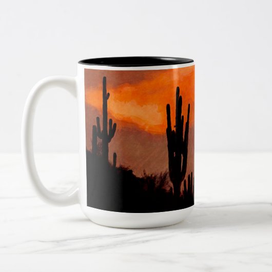 Saguaro Cactus Silhouette Arizona Red Sunset Zweifarbige Tasse (Links)
