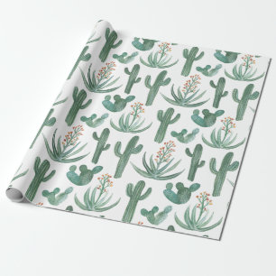 Saguaro Cactus und Wüstengelbe Pflanze auf weißem  Geschenkpapier
