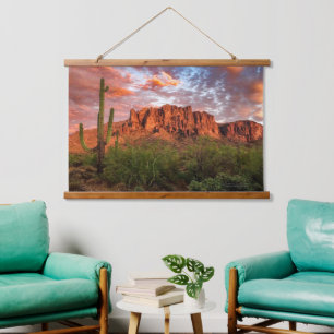 Saguaro Kaktus Aberglaube Berg Sonnenuntergang Wol Wandteppich Mit Holzrahmen