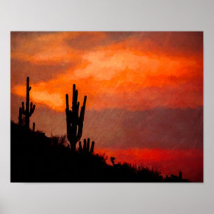 Saguaro-Kaktus-Silhouette Arizona Roter Sonnenunte Poster