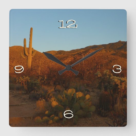 Saguaro Sunset I Arizona Wüste Landschaft Quadratische Wanduhr (Vorderseite)