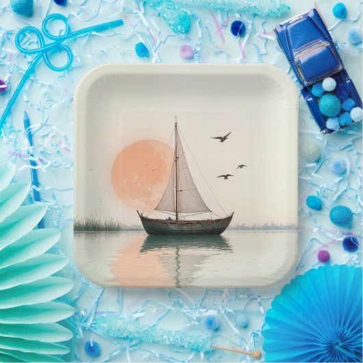 Saiboat Sonnenuntergang mit Möwen Pappteller (Party)