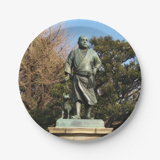 Saigo Takamori (The Last Samurai) & Hunde Statue Pappteller (Vorderseite)