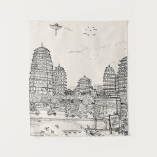 Saigon Pagoda Vietnam Stadtrandpfeifen Tinte zeich Wandteppich