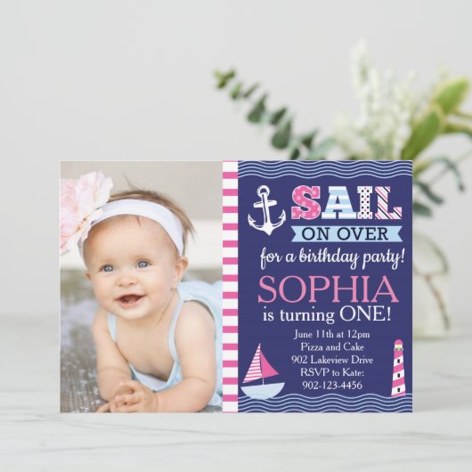 Sail-Away-Girl's Nautical Birthday Einladung (Stehend Vorderseite)