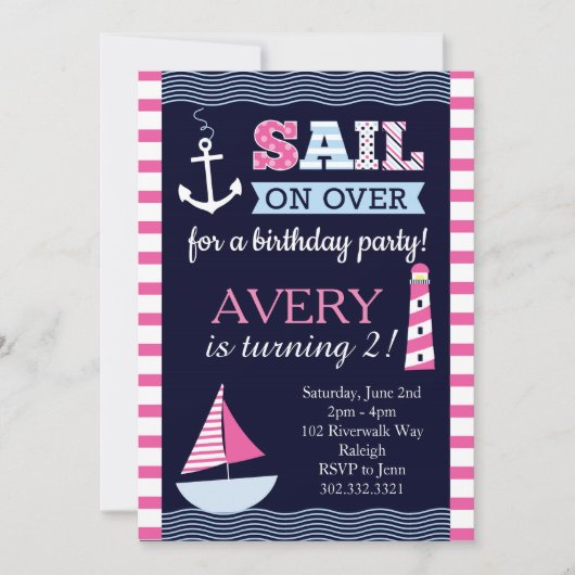 Sail Away Girl's Nautical Birthday Einladung (Vorderseite)